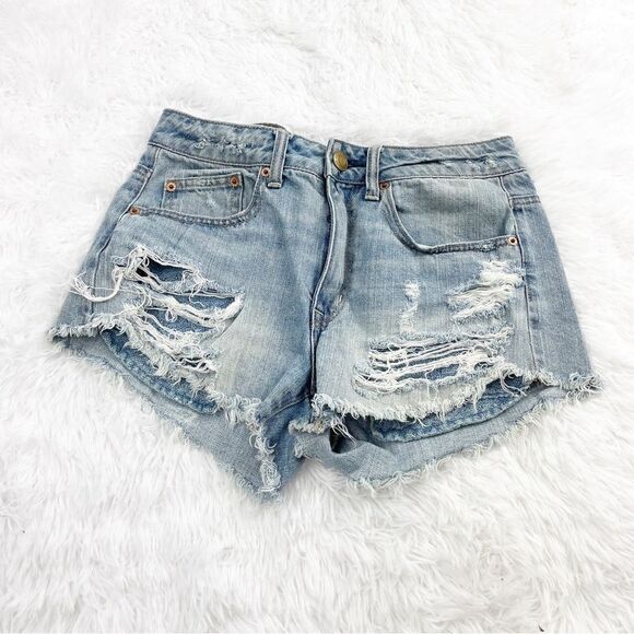 American Eagle Hi-Rise Festival Distressed Cut-Off Denim Shorts - Picture 1 of 6